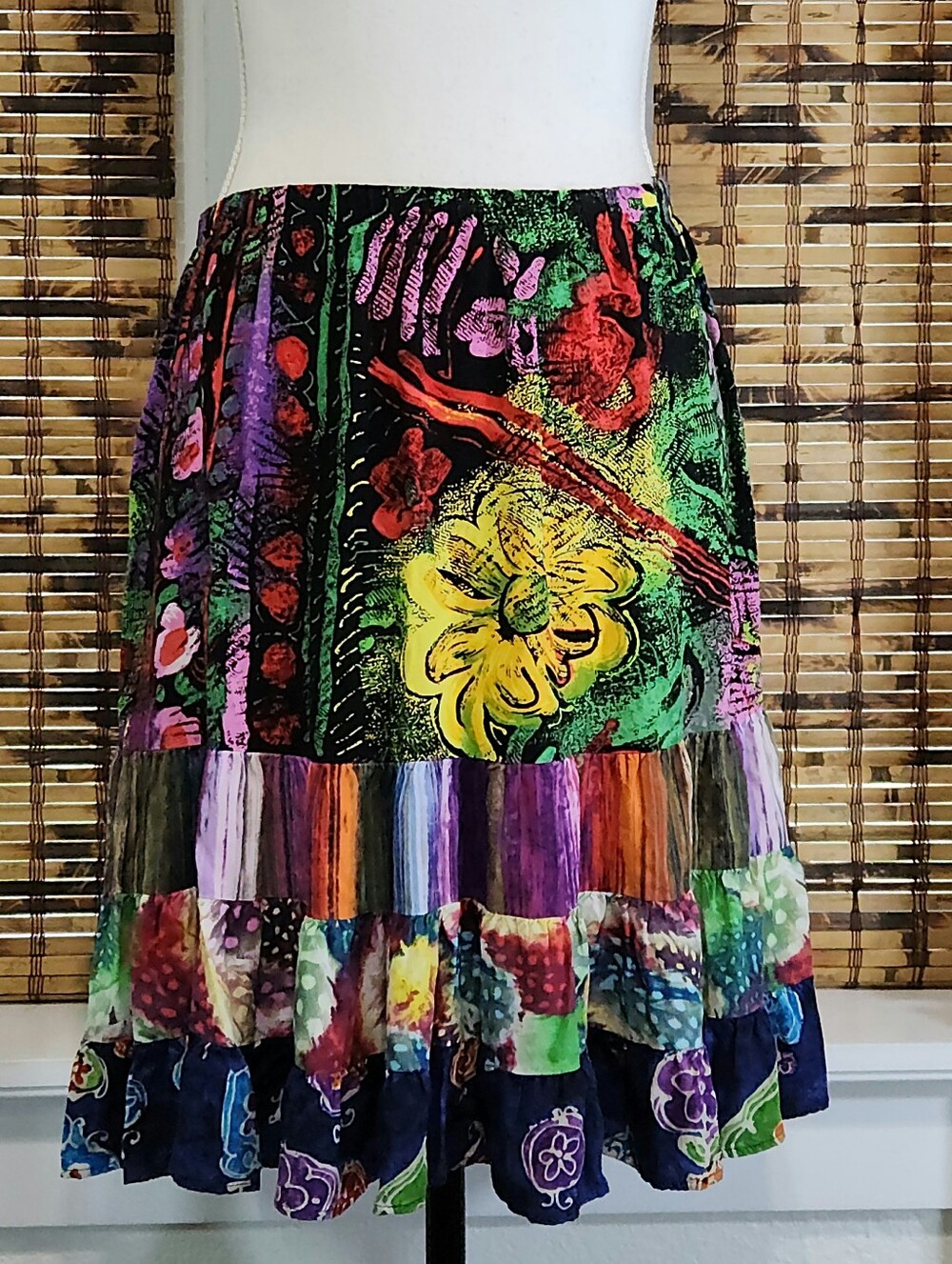 Jams World Multicolor Patchwork Tiered Ruffle Midi Skirt - Size Large